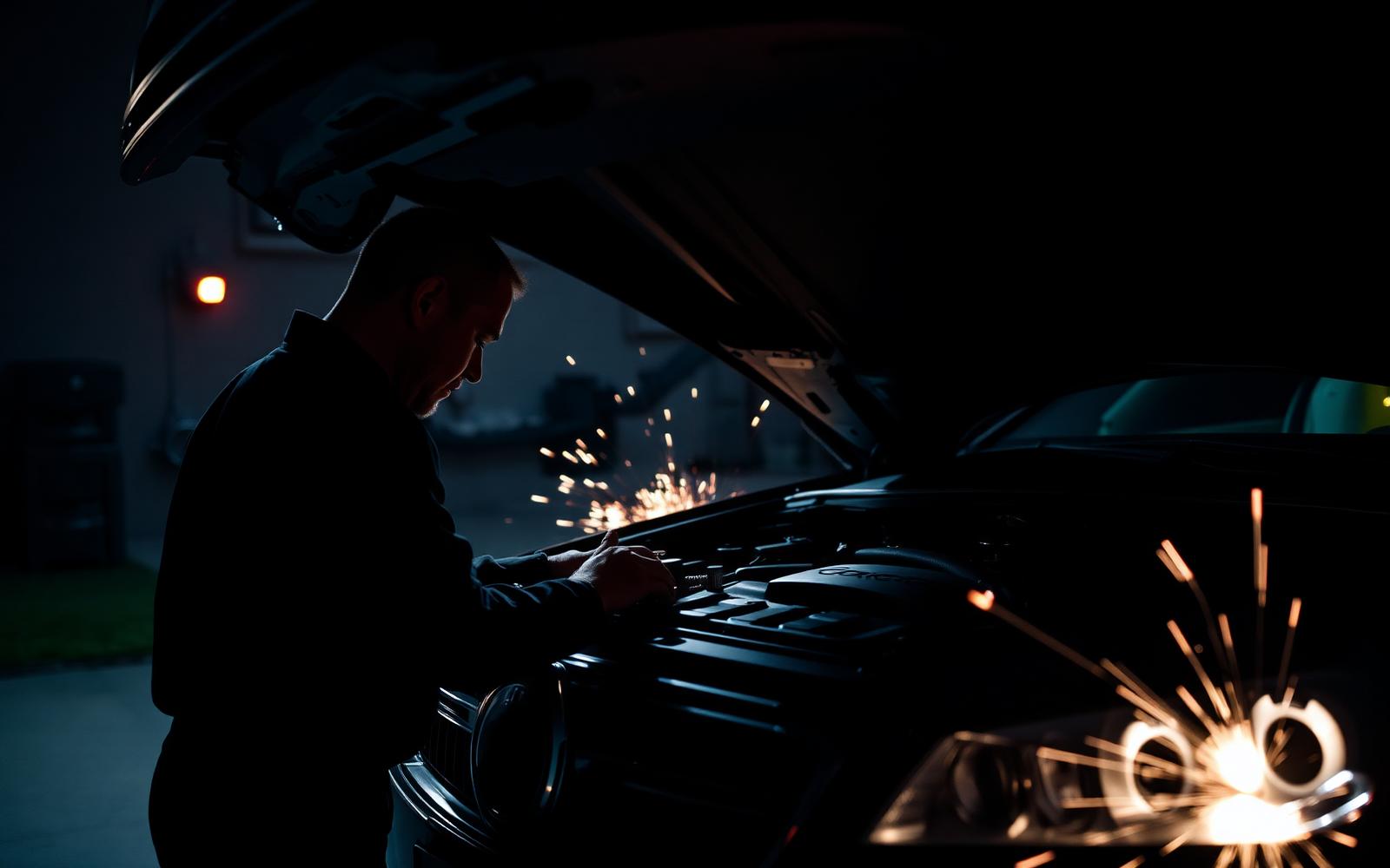 Mobile mechanic repairing a car engine at a customer's driveway